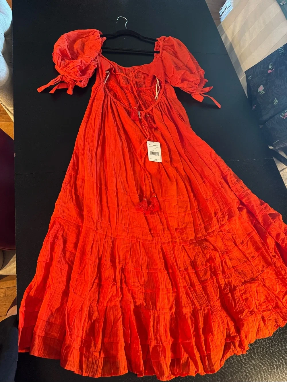 Free People Bright Red Puff-Sleeve Tiered Dress - Picture 3 of 6